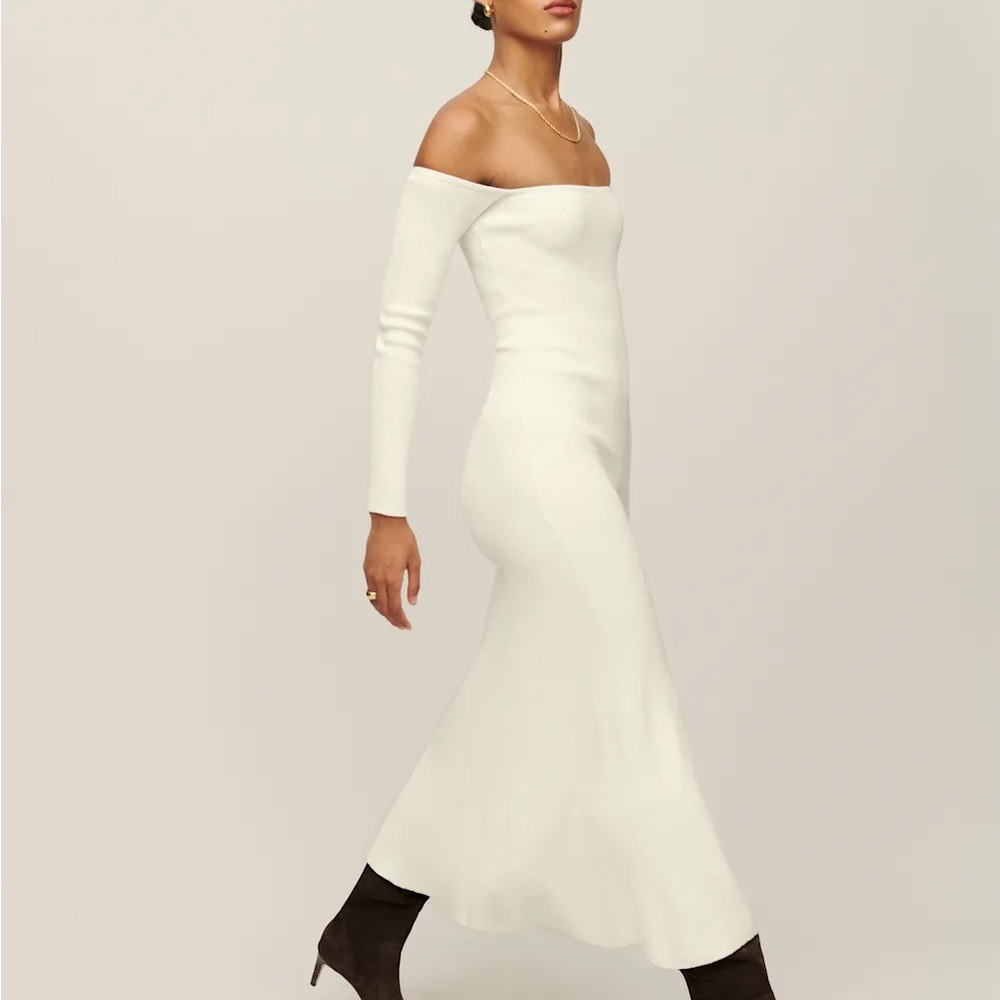Reformation Off-Shoulder Cream Long Sleeve Dress